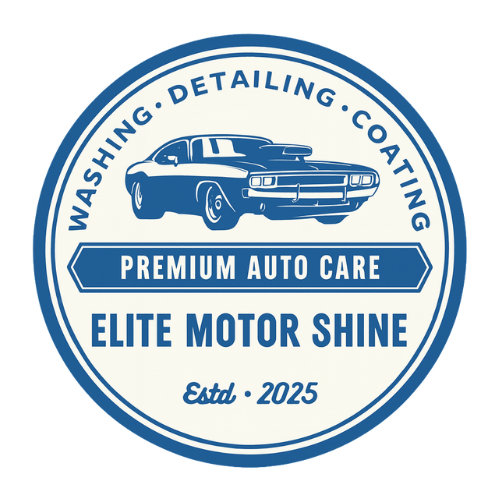 Blue vintage logo for Elite Motor Shine auto detailing service